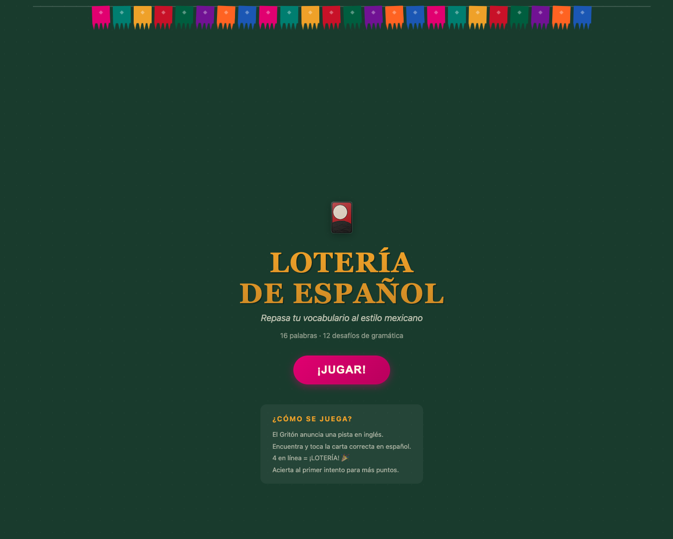 Lotería de Español home screen